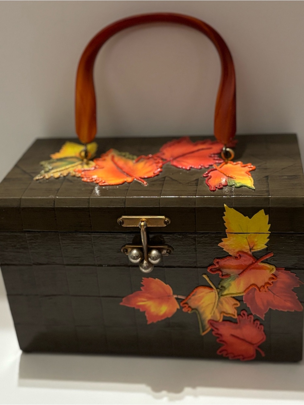 1950’s-60’s Autumn Leaf wood Accent Box Handbag - Brown and Orange